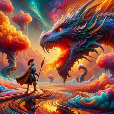 The primary subject of the image is a man standing in front of a large, colorful dragon. The man is wearing a suit and holding a staff. The setting is a vibrant, artistic environment with a backdrop of clouds and a rainbow. The visual style is digital art, and the colors and mood are lively and energetic.